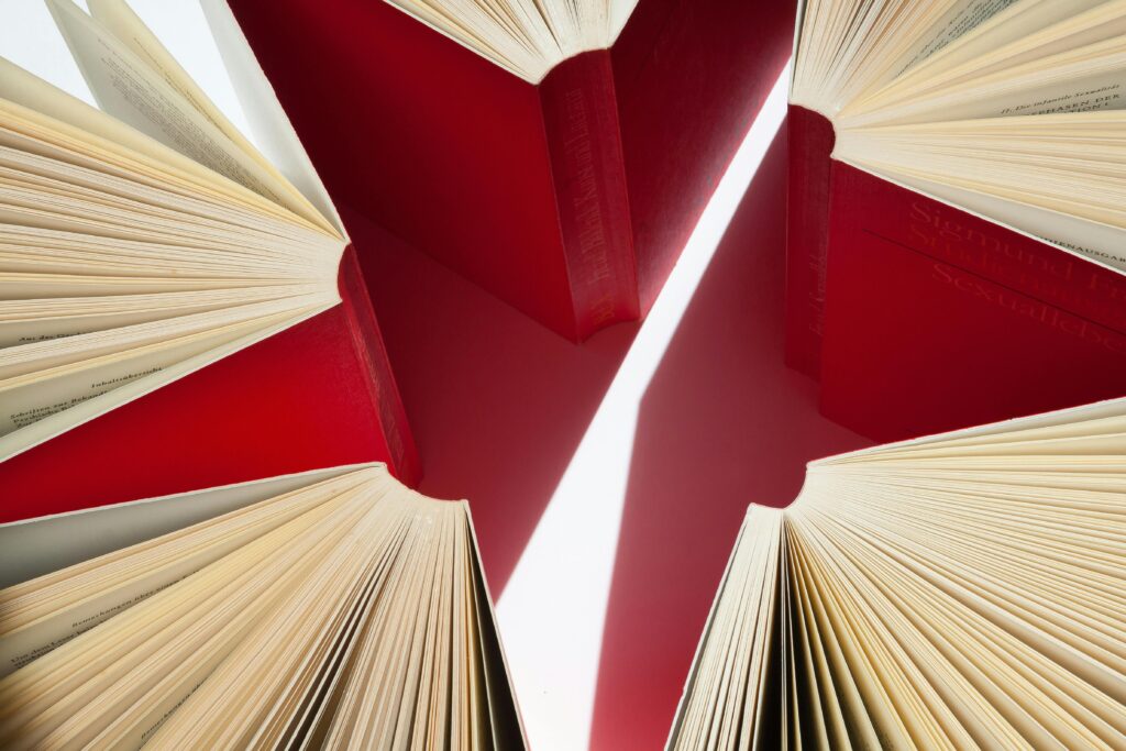 An artistic display of open books with red covers arranged in a star-like pattern. Could be self-development books leading the way as a small path of sun light goes through.